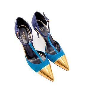 Gucci Blue Navy Suede T-Strap Gold  Pumps Heels EU 37.5